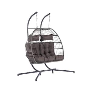 60.1 in. W 2-Person PE Rattan Wicker Patio Swing Hanging Chair Egg Chair with Dark Gray Cushions