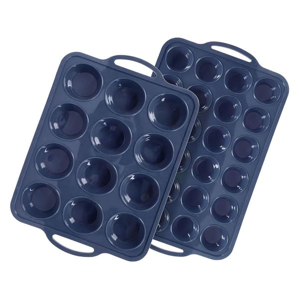 Silicone Muffin Pan Set 12-Cup and 24-Cup Metal Frame Nonstick Cupcake Tray with Handles Gray 2 Pack