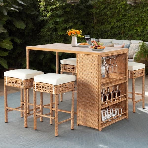 5-Piece Yellow Wicker Outdoor Serving Bar Set with Beige Cushions