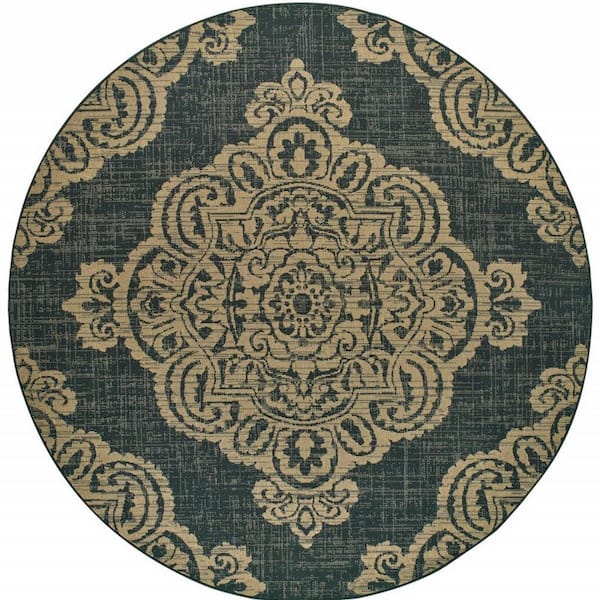 Black, Tan 8 ft. x 8 ft. Loomed Oriental Polypropylene Round Indoor/Outdoor Area Rug