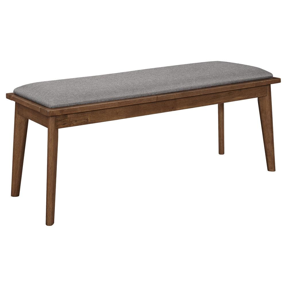 Retro-Inspired Gray Upholstered Dining Bench with Natural Walnut Legs