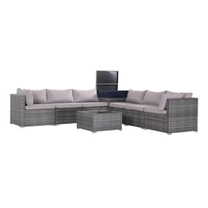 8-Piece Gray Rattan Wicker Outdoor Patio Sectional Sofa Set with Gray Cushions and Storage Box