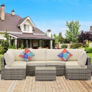 Gray 7-Piece Wicker Outdoor Patio Conversation Set Sectional Set with Beige Cushions
