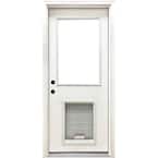 36 in. x 80 in. Classic Clear Half Lite RHIS White Primed Fiberglass Prehung Back Door with SL Pet Door
