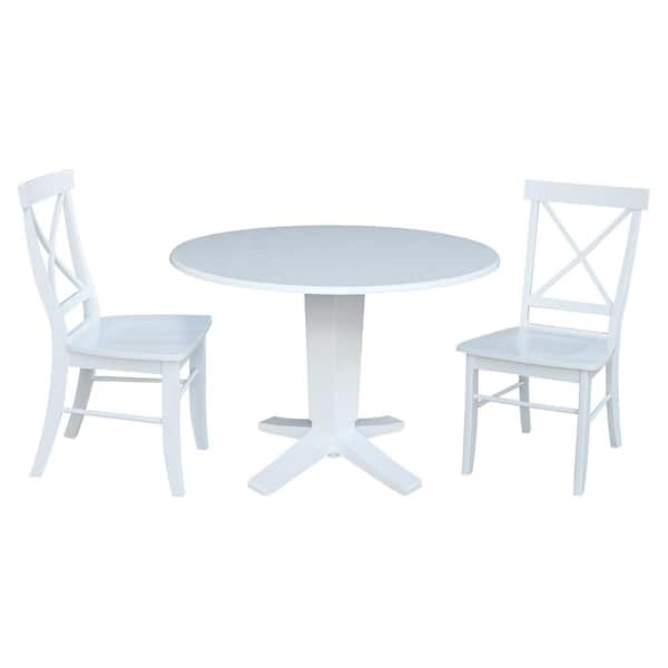 International Concepts Aria White Solid Wood 42 in. Drop-leaf Pedestal Base Dining Set with 2 X-back Side Chairs Seats 2