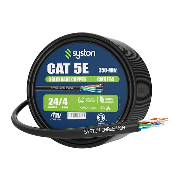 50 ft. Black CAT5E CMR Riser Rated 350 MHz 24 AWG Solid Bare Copper Ethernet Network Wire- Bulk No Ends Heat Resistant