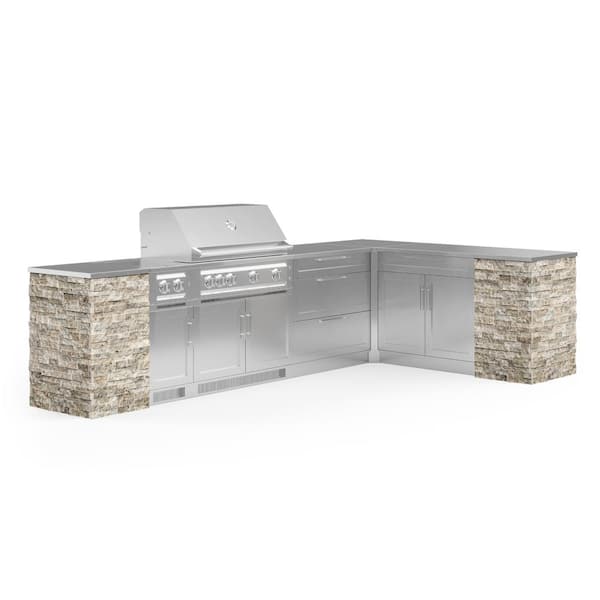 NewAge Products Signature Series Stainless Steel 11-Piece L Shape Outdoor Kitchen Cabinet Set with Natural Gas Platinum 40 in. Grill