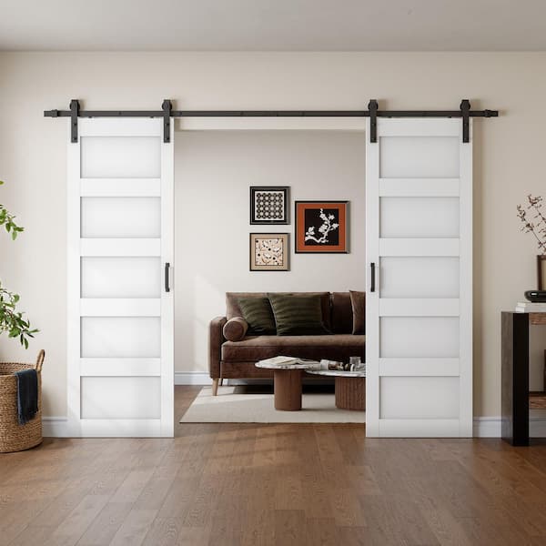 84 in. x 96 in. (Double 42 in.) 5-Panel White Finished Composite Double Sliding Barn Door with Hardware Kit