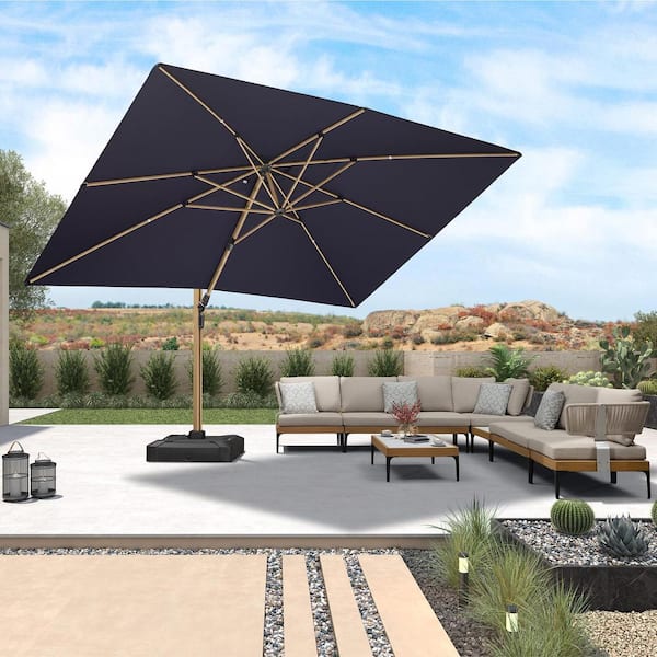 PURPLE LEAF 10 ft. x 13 ft. Outdoor Patio Cantilever Umbrella Teak Finished Offset 360° Rotation Umbrella in Navy Blue