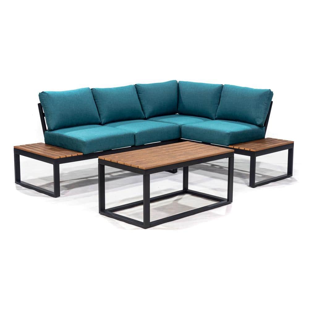 Cordova Black 3-Piece Metal Patio Conversational Set with Table and Blue Cu
