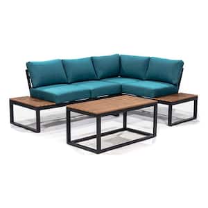 Cordova Black 3-Piece Metal Patio Conversational Set with Table and Blue Cushions