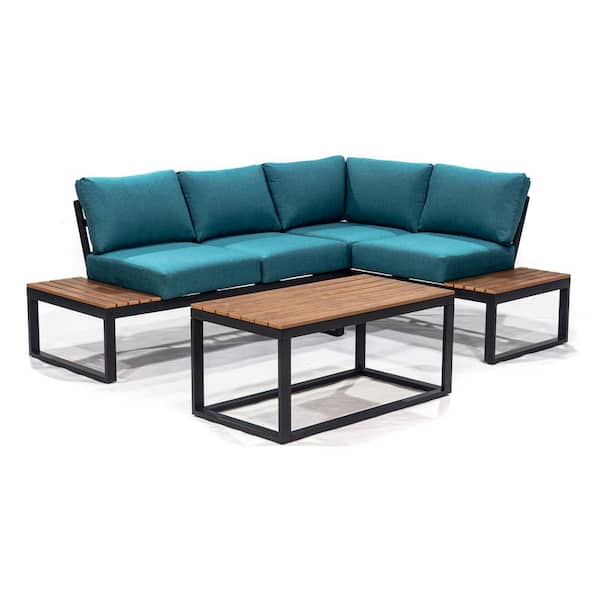 Unbranded Cordova Black 3-Piece Metal Patio Conversational Set with Table and Blue Cushions