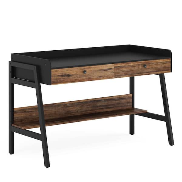 Tribesigns Cassey 47.24 in.Rectangular Rustic Brown and Black Wood and Metal 2 Drawer Computer Desk with Storage Shelves