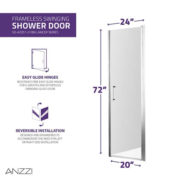 ANZZI - Lancer Series 23.4 in. x 72 in. H Hinged Frameless Shower Door in Brushed Nickel with Tsunami Guard Tempered Glass
