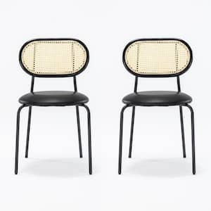 18 in. Black Rattan Dining Chairs with Faux Leather Seat (set of 2)