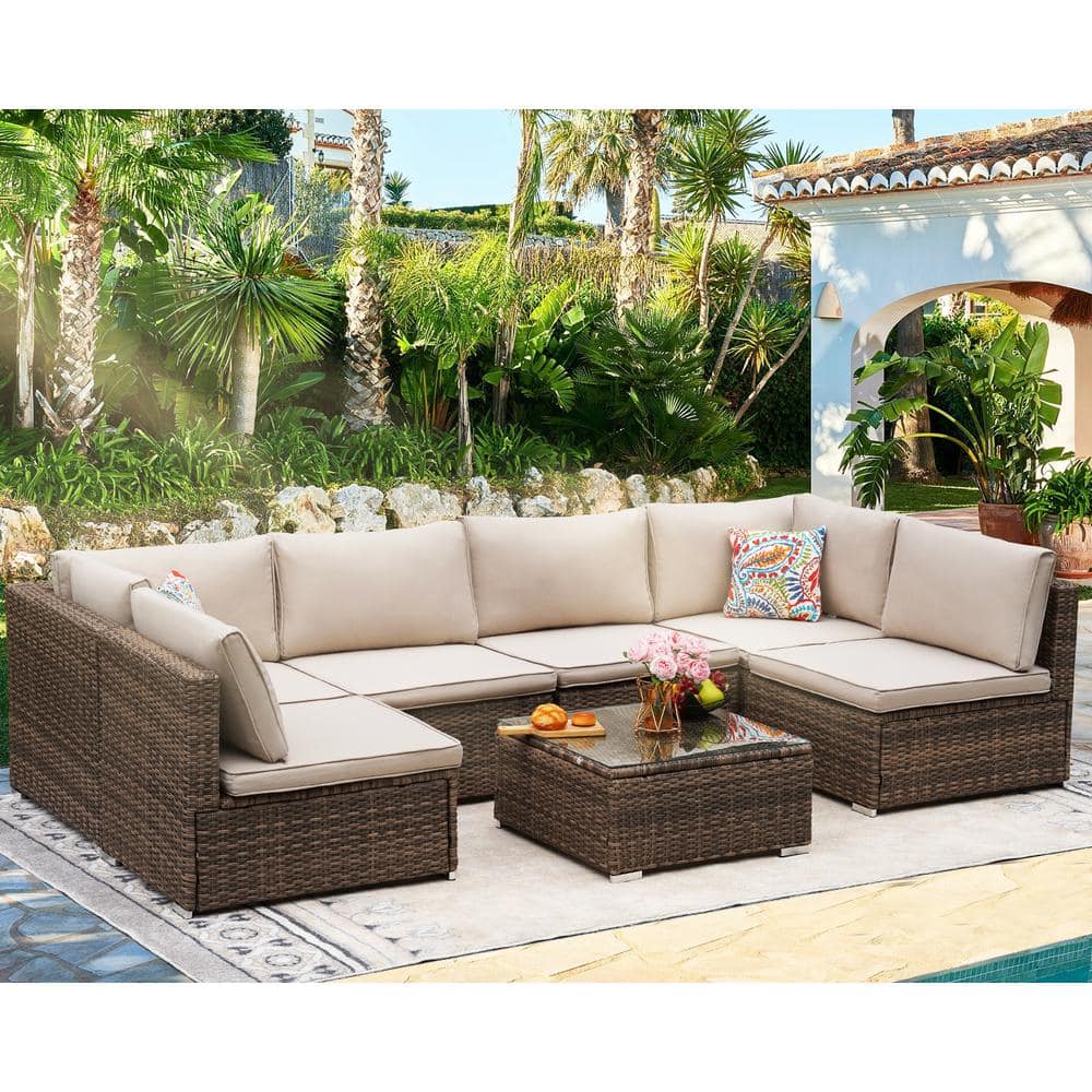 Brown 7 Piece Wicker Outdoor Sectional Set with Kihaki Cushions and Coffee Table