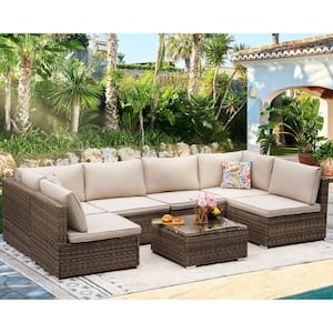 Brown 7-Piece Wicker Outdoor Sectional Set with Kihaki Cushions and Coffee Table