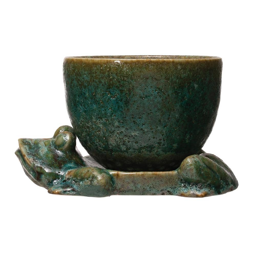 Creative Co-Op Decorative Stoneware Planter with Catchy Frog Shaped Base and Reactive Glaze  Green