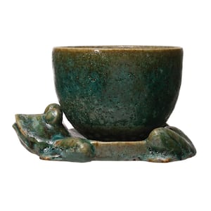 8.5 in. W x 4.87 in. H Reactive Glaze Green Stoneware Decorative Pot with Catchy Frog Shaped Base