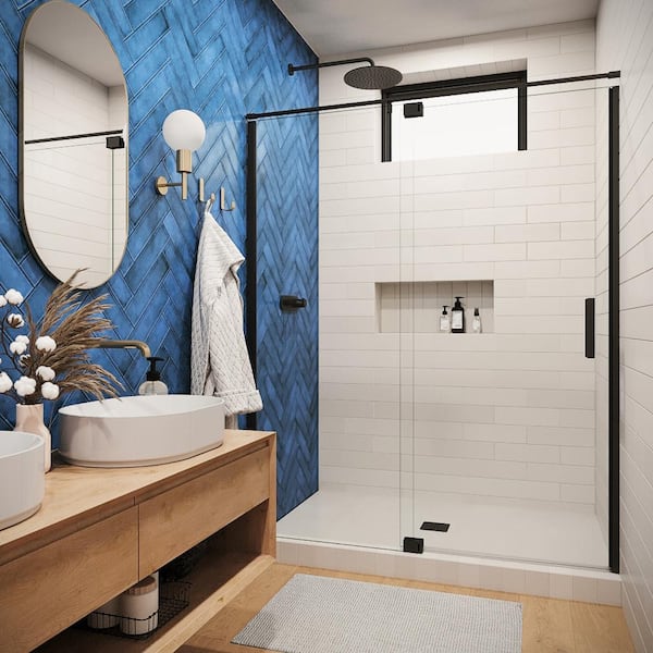Streamline Marano 48 in. W x 74 in. H Pivot Shower Door, CrystalTech Treated 5/16 in. Tempered Clear Glass, Matte Black Hardware