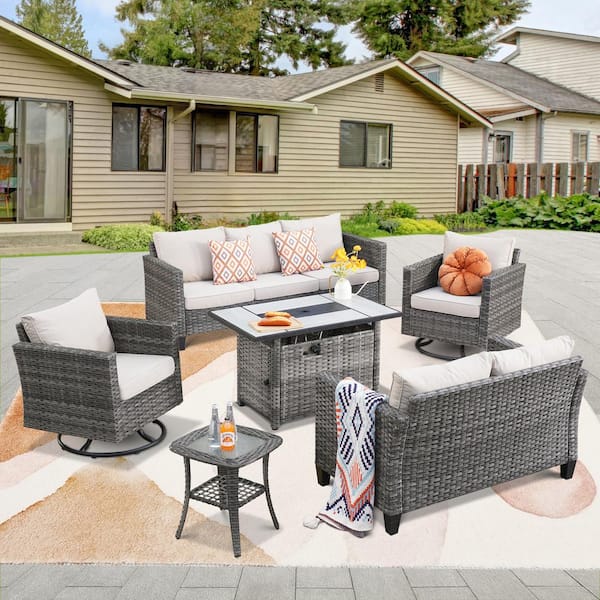 XIZZI Hyperion 6-Pcs Wicker Patio Rectangular Fire Pit Set and with Beige Cushions and Swivel Rocking Chairs