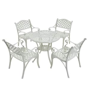 White Frame 5-Piece Cast Aluminum Round Table with Umbrella Hole Bar Height Outdoor Dining Set