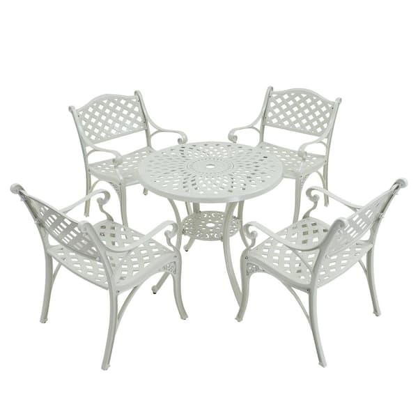 Kadehome White Frame 5-Piece Cast Aluminum Round Table with Umbrella Hole Bar Height Outdoor Dining Set
