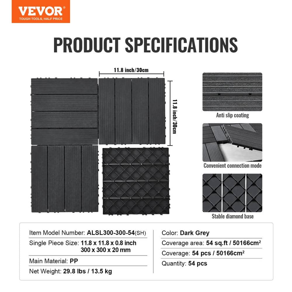 Dark Gray Plastic Interlocking Outdoor Deck Tiles, 54 Pack