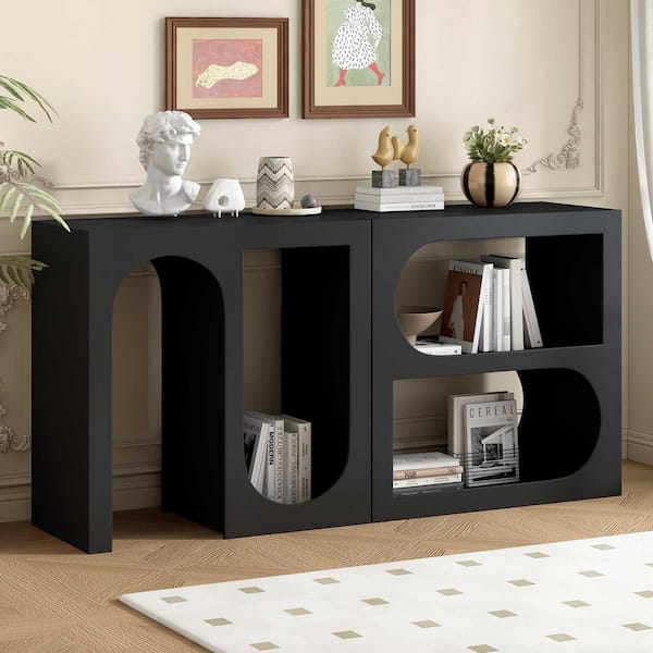 62.8 in. Black Rectangle Wood Console Table with Rectangular Exterior and Curved Interior Design