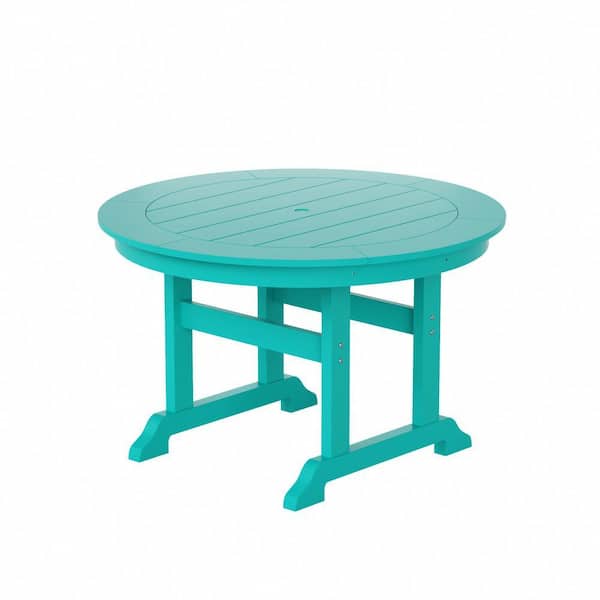 Hayes 47 in. All Weather HDPE Plastic Round Outdoor Dining Trestle Table with Umbrella Hole in Turquoise
