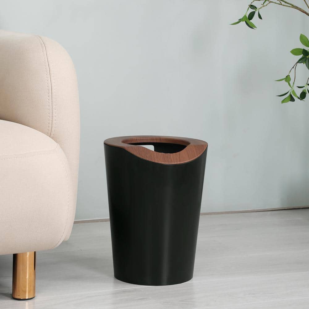 2.3 Gallon Black and Wood Round Trash Can Set