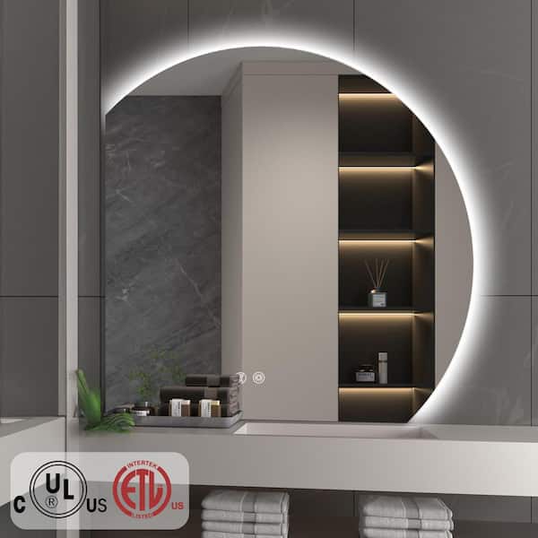 YULIKA 32 in. W x 32 in. H Novelty/Specialty Frameless Wall Bathroom Vanity Mirror Half Moon LED Mirror