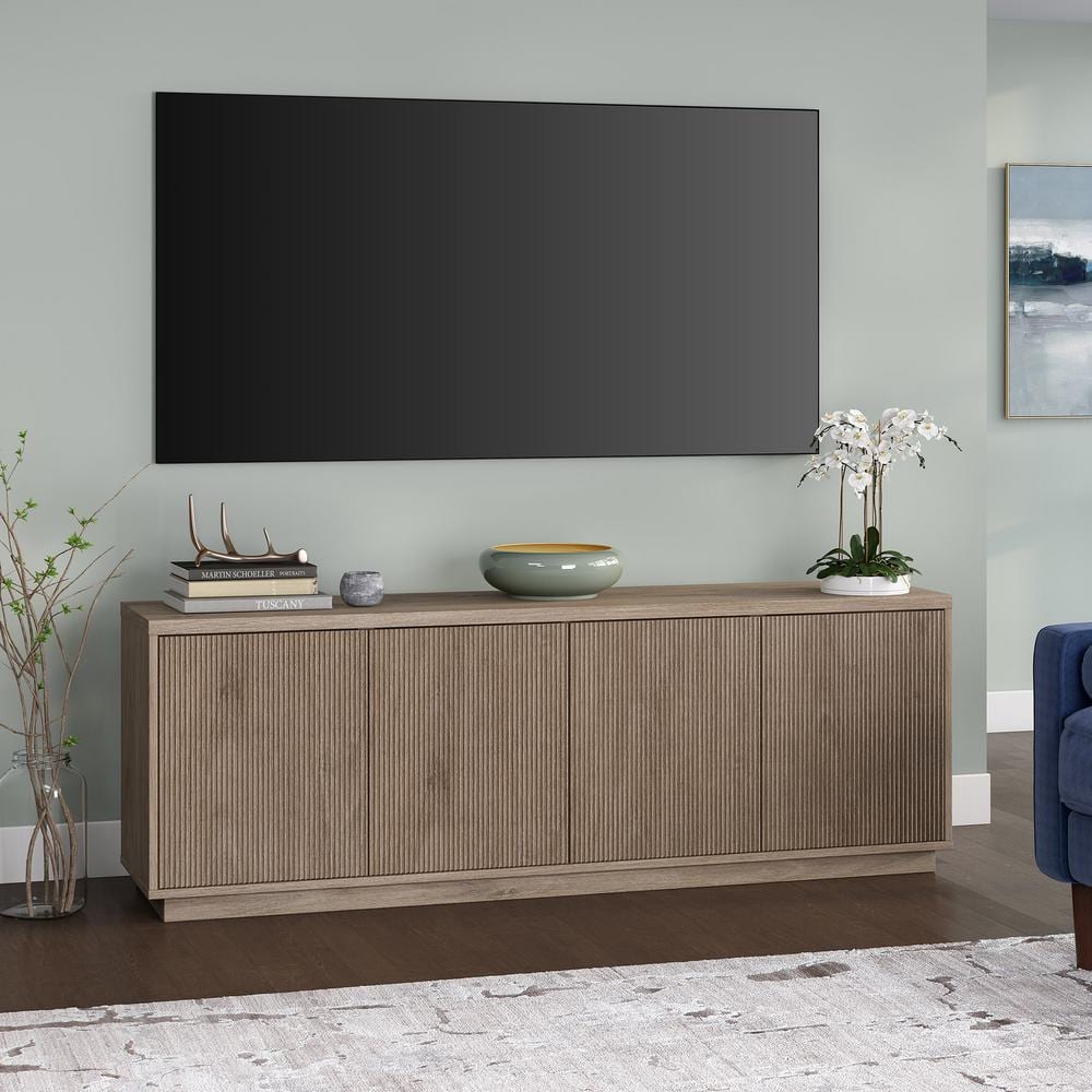 Antiqued Gray Oak Rectangular TV Stand with Cabinet for TVs up to 75"