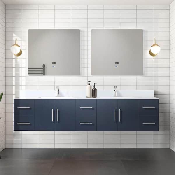 Lexora Geneva 84 in. W x 22 in. D Navy Blue Double Bath Vanity, White Quartz Top, Faucet Set, and 36 in. LED Mirrors