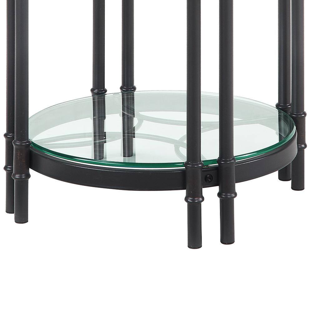 Modern Farmhouse Round Oak & Sandy Black End Table with Glass Shelf