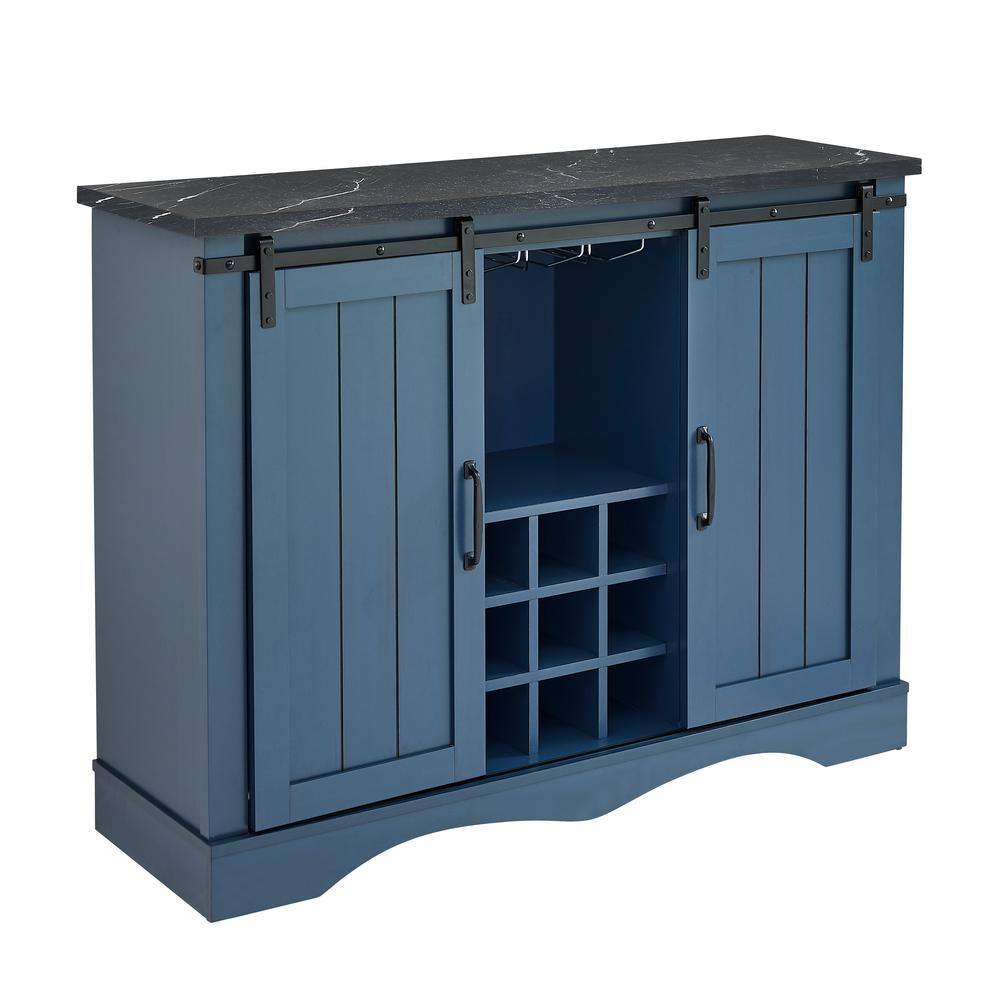 Navy Blue Rustic 47" Wood Bar Cabinet with Sliding Barn Door