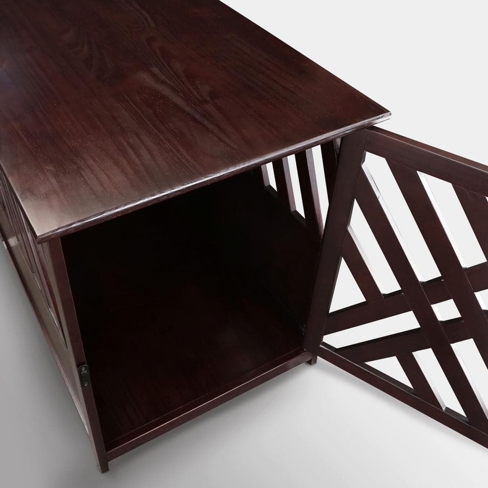 Espresso Pine Wood Lattice Pet Crate End Table