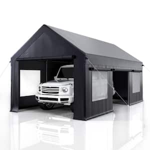 10 ft. x 20 ft. Heavy-Duty Carport Canopy with Enhanced Base and Side-Opening Door, Portable Garage for Pickup, Black