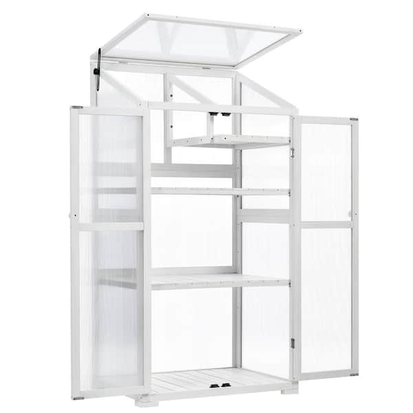 Zeus & Ruta 31.5 in. x 62 in. Wood White Large Greenhouse Balcony Portable Cold Frame with Wheels and Adjustable Shelves