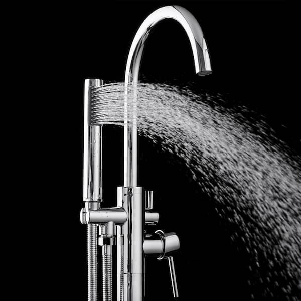 1-Handle Freestanding Floor Mount Roman Tub Faucet Bathtub Filler with Hand Shower in Chrome