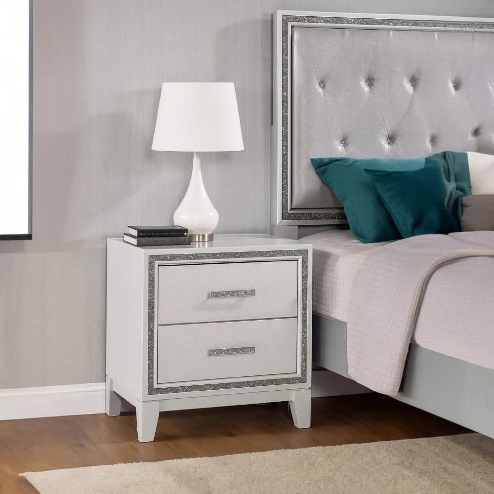 Lema White and Silver 2-Drawer 16.5 in. W Nightstand