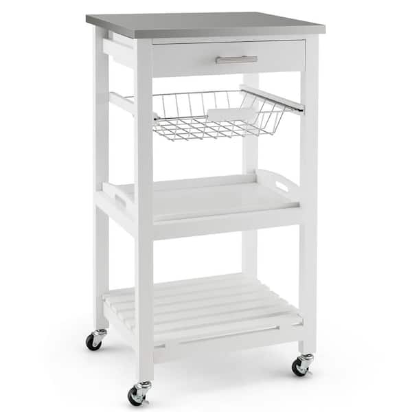 Costway White Compact Island Kitchen Cart Rolling Service Trolley with Stainless Steel Top Basket