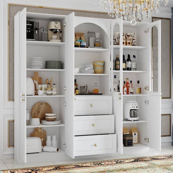 White 70.9 in. H Modern Storage Cabinet Sideboard with Tempered Glass Doors, Drawers