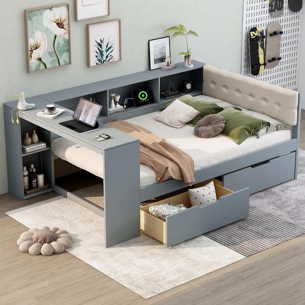 Gray Wood Frame Full Size Platform Bed with Upholstered Headboard and Charging Station