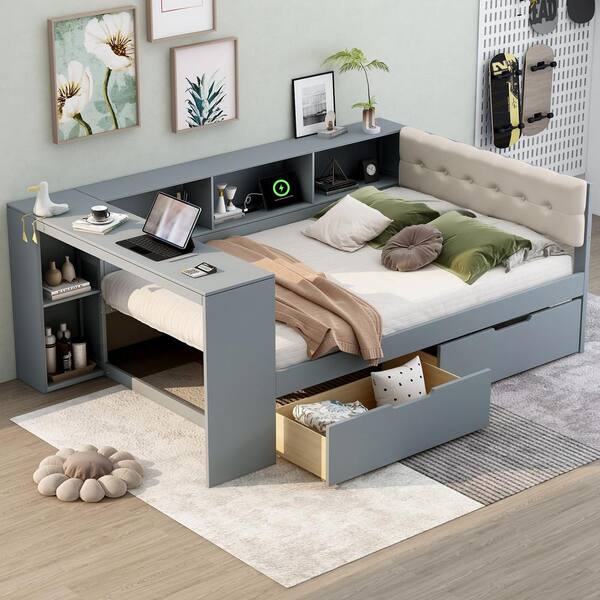 E-MOTIE Full/Queen Bed Frame With Storage, Upholstered Headboard & Charging Station