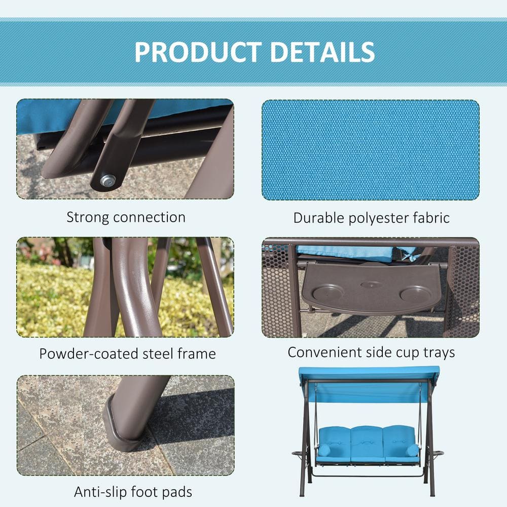 Blue Steel Frame 3-Seat Outdoor Patio Swing with Canopy and Cushions