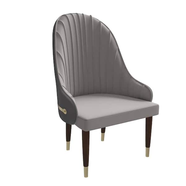 Leisuremod Dining Chair Upholstered in Leather Seat with Elegant Ripple Back Design and Gold Accents Elara Series, Grey