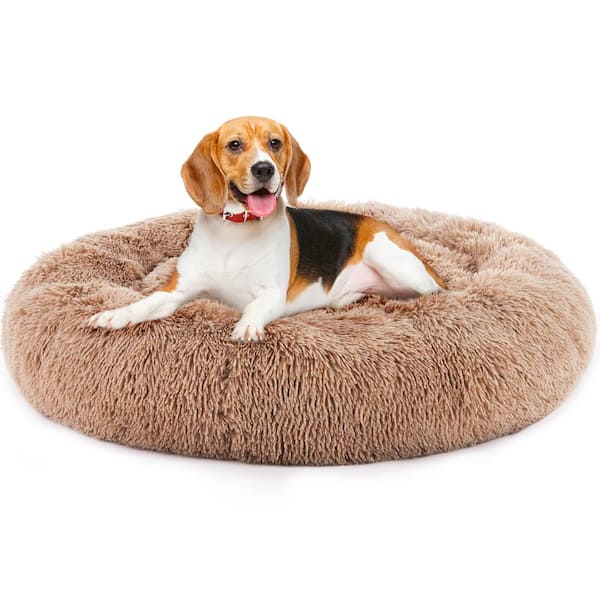 Tatayosi Medium Anti-Slip Round Fluffy Plush Faux Fur Cat Bed, Brown