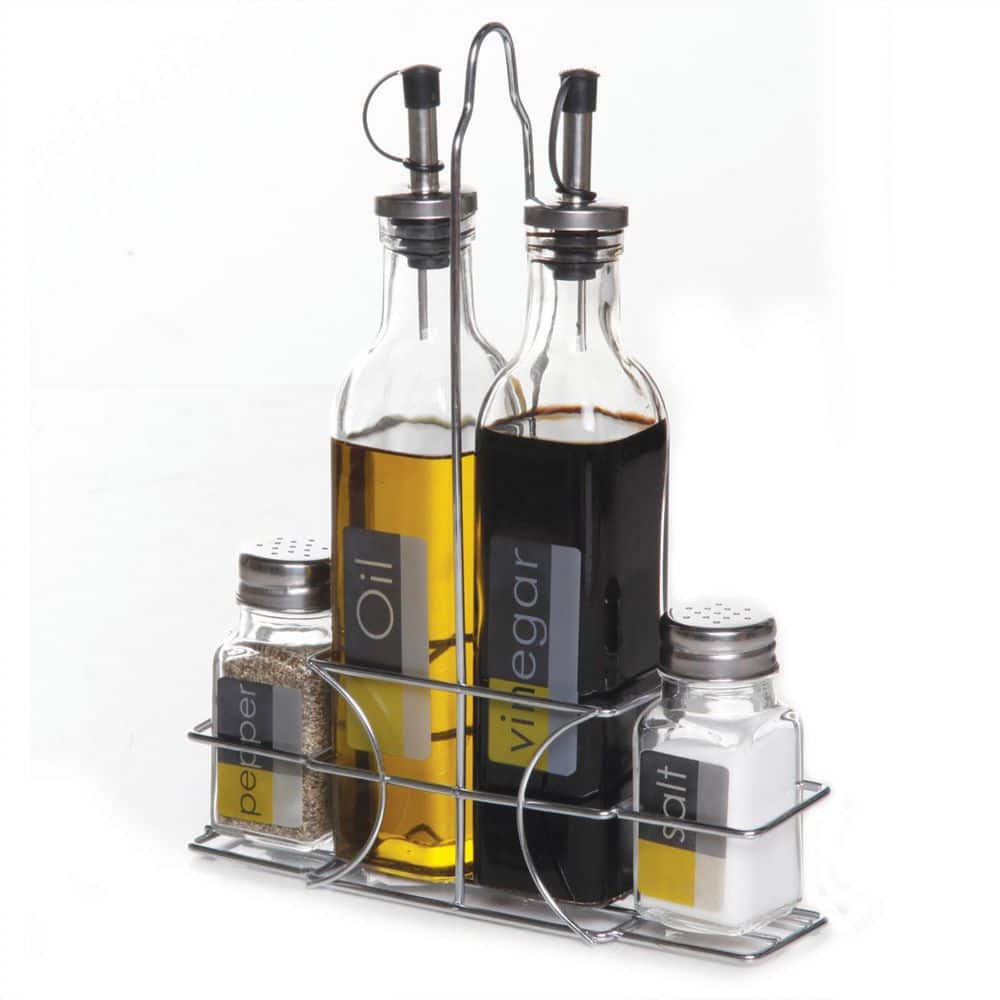 Clear Glass and Stainless Steel 4-Piece Condiment Set with Wire Caddy