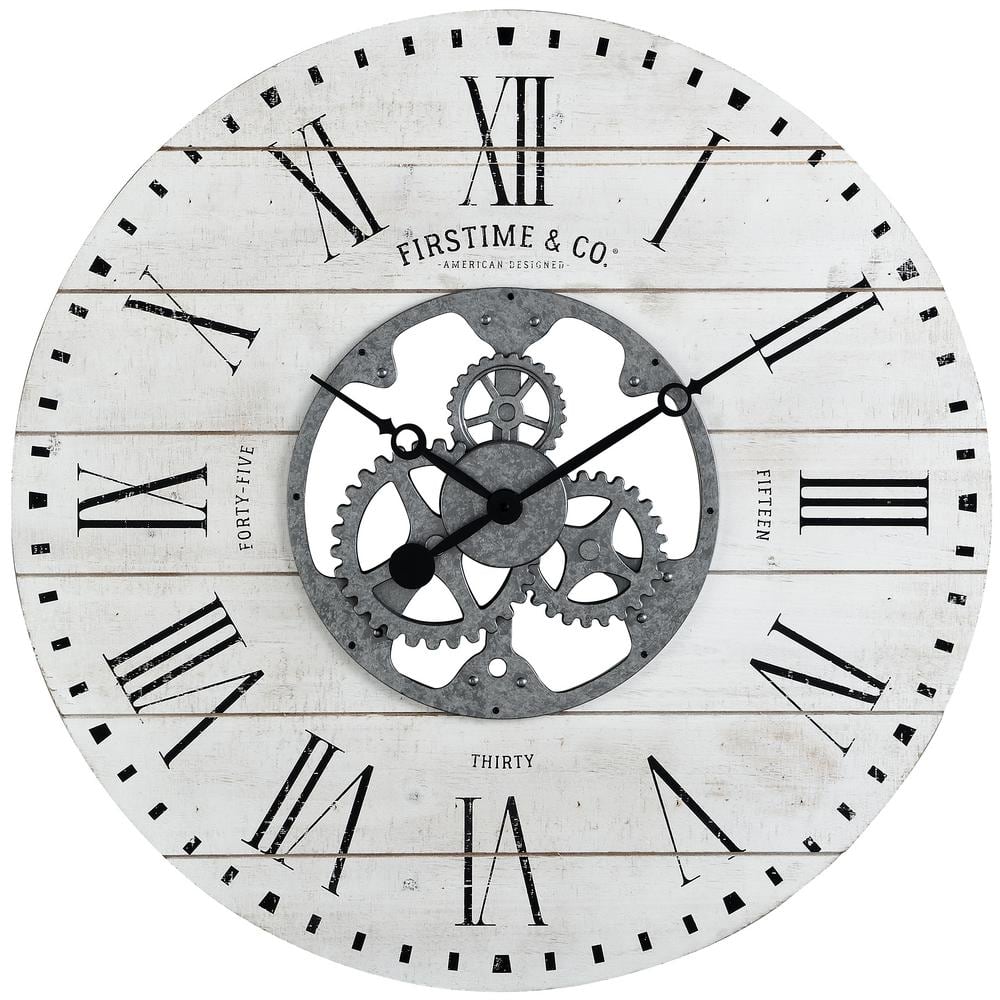 Oversized White Shiplap Gears Wall Clock with Galvanized Center